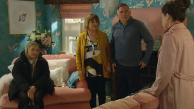 Bob and Brenda look worried as they talk to Cathy and her headteacher on Emmerdale