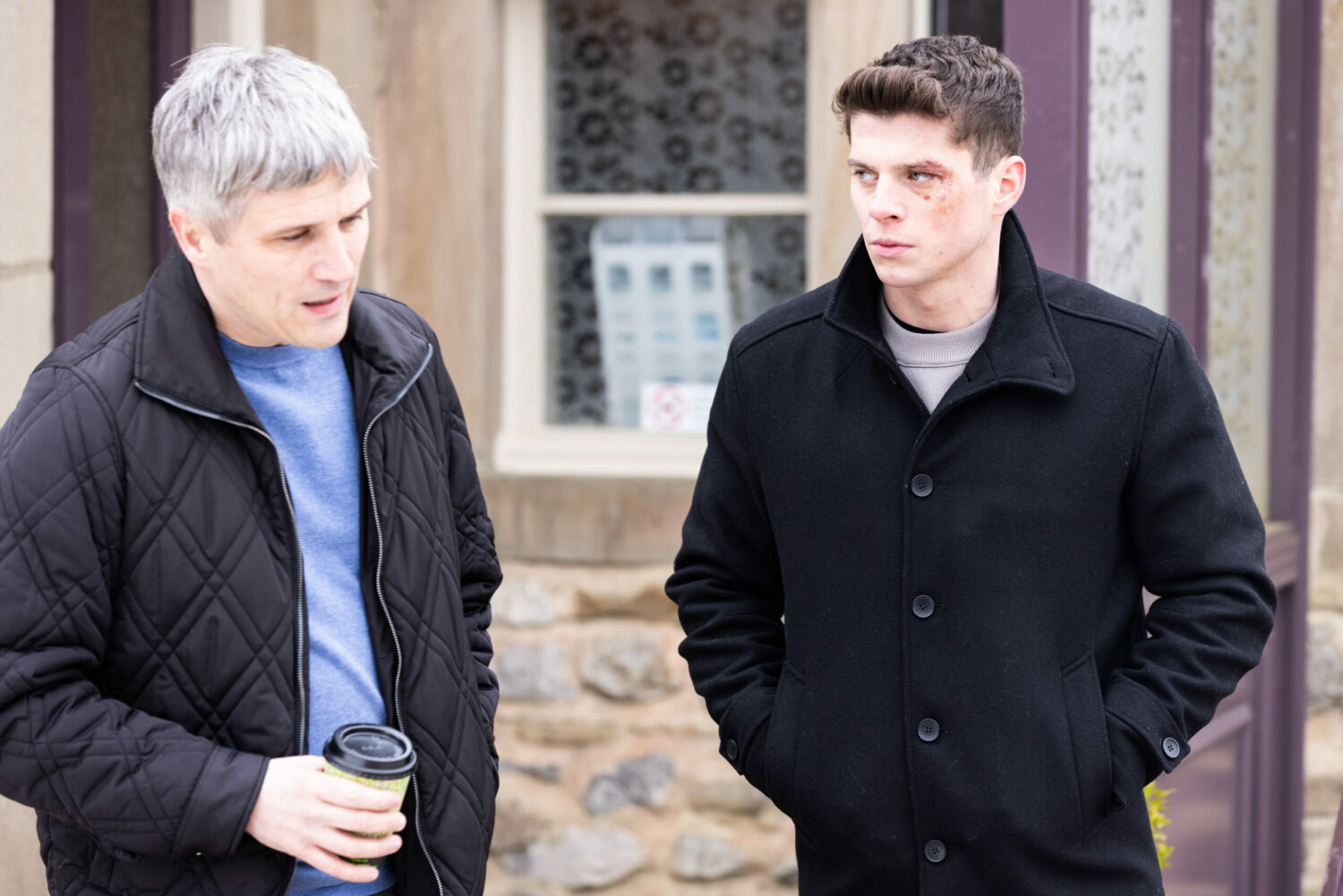 Emmerdale's Caleb and Nicky are talking outside