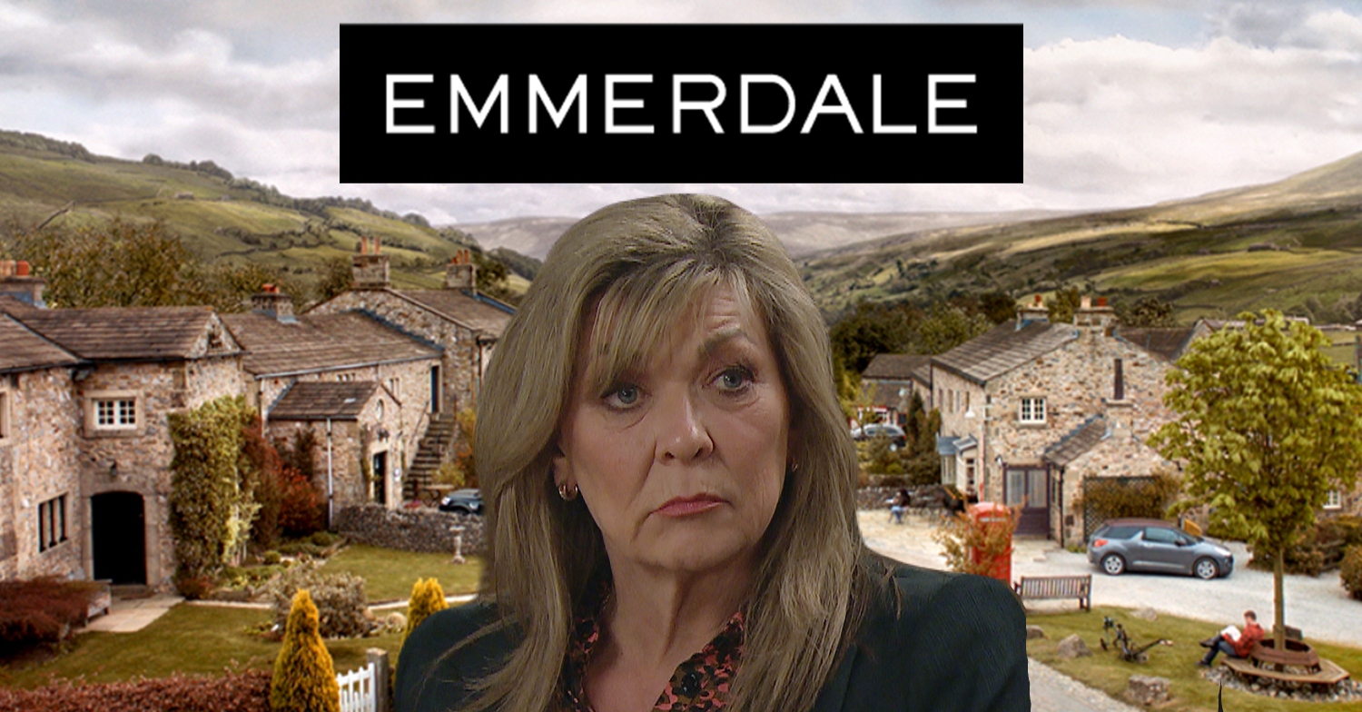 Emmerdale's Kim is with the Emmerdale logo and background
