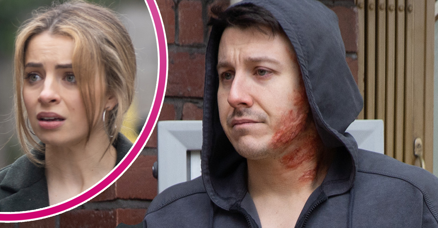 Coronation Street's Ryan has his hood up and, in a bubble, Daisy looks worried