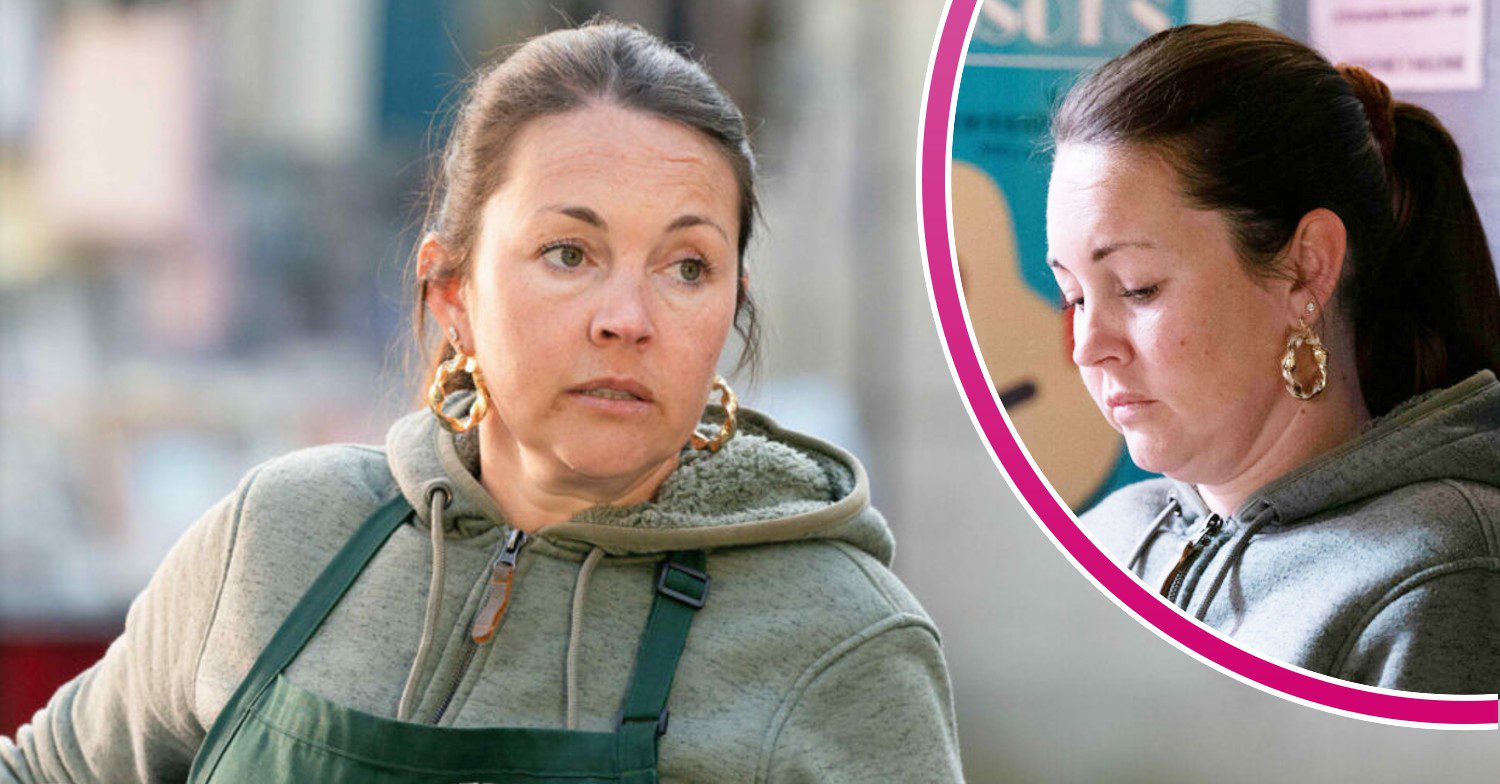 Stacey looks worried on EastEnders; inset, she reads a bill, also looking worried (Credit: BBC/Composite: Entertainment Daily!)