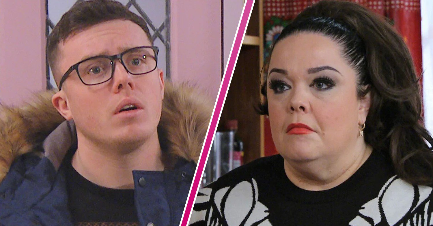 Composite image of Vinny and Mandy on Emmerdale; she looks upset, he's bemused (Credit: ITV/Composite: Entertainment Daily!)