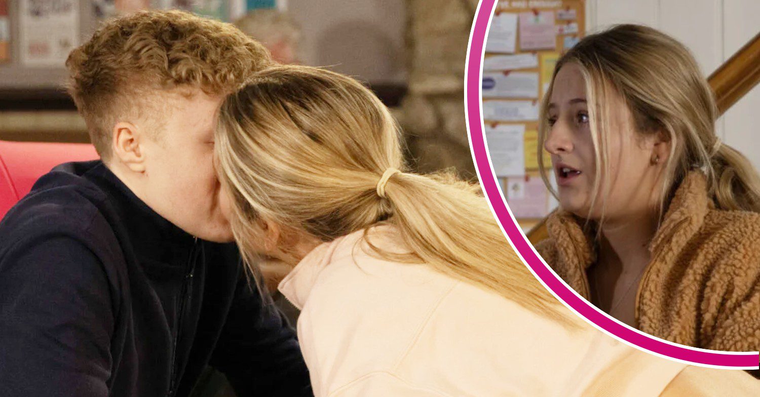 Noah and Amelia kiss on Emmerdale; inset, she looks scared (Credit: ITV/Composite: Entertainment Daily)