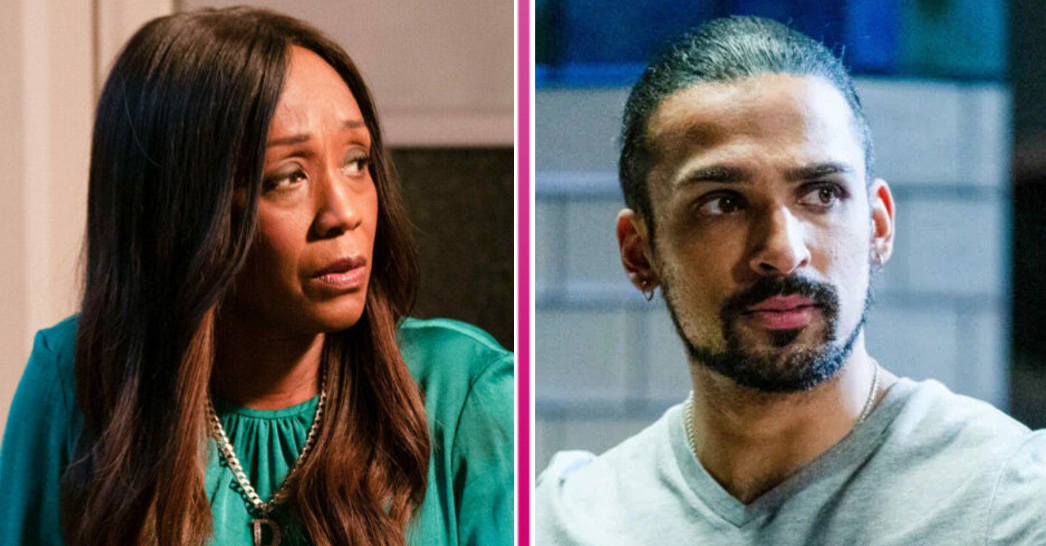 Composite image of Denise and Ravi on EastEnders, both looking secretive