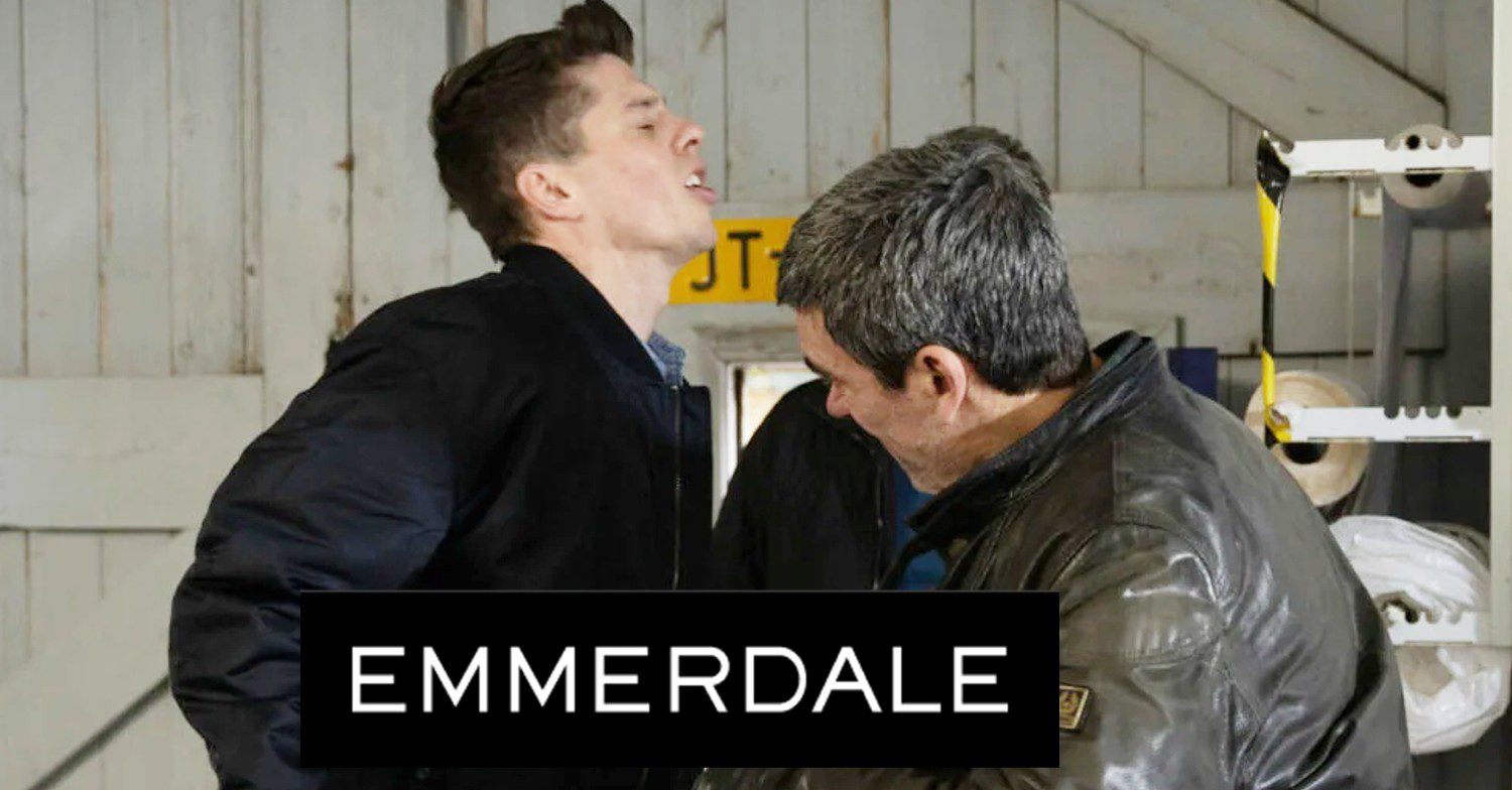 Cain punches Nicky on Emmerdale, inset, the show logo