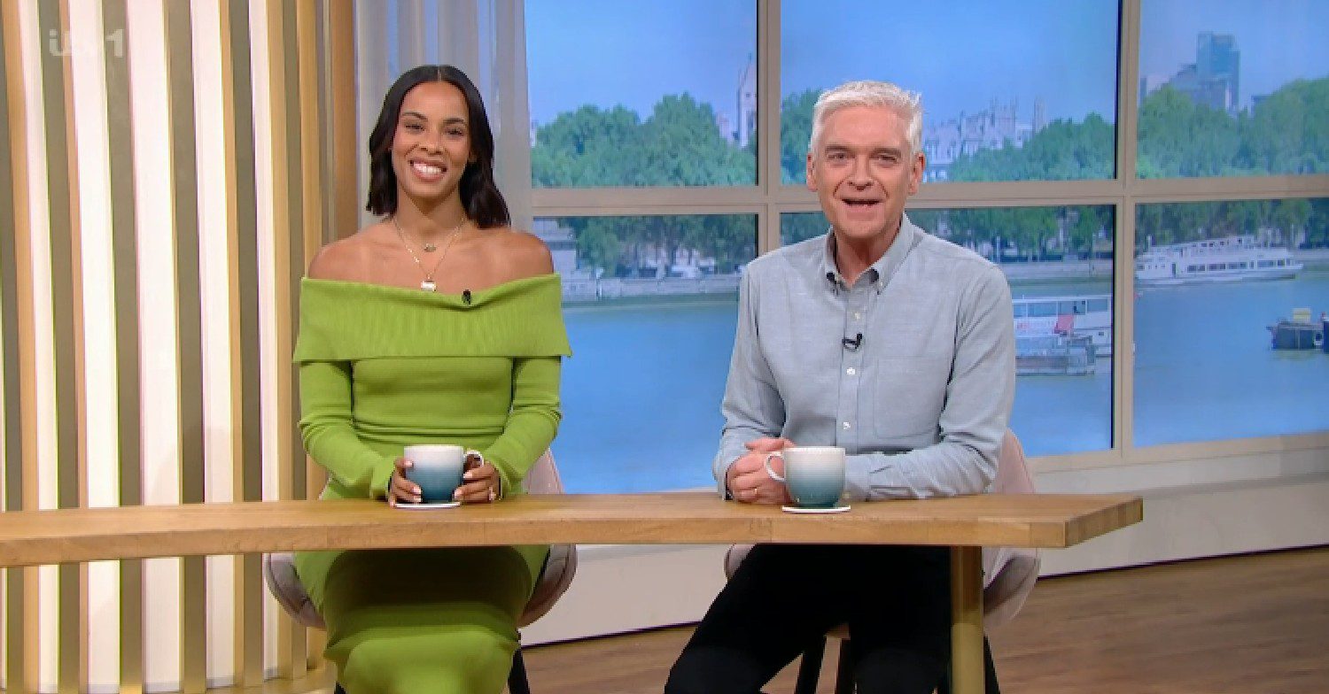 Rochelle Humes and Phillip Schofield smiling on This Morning today