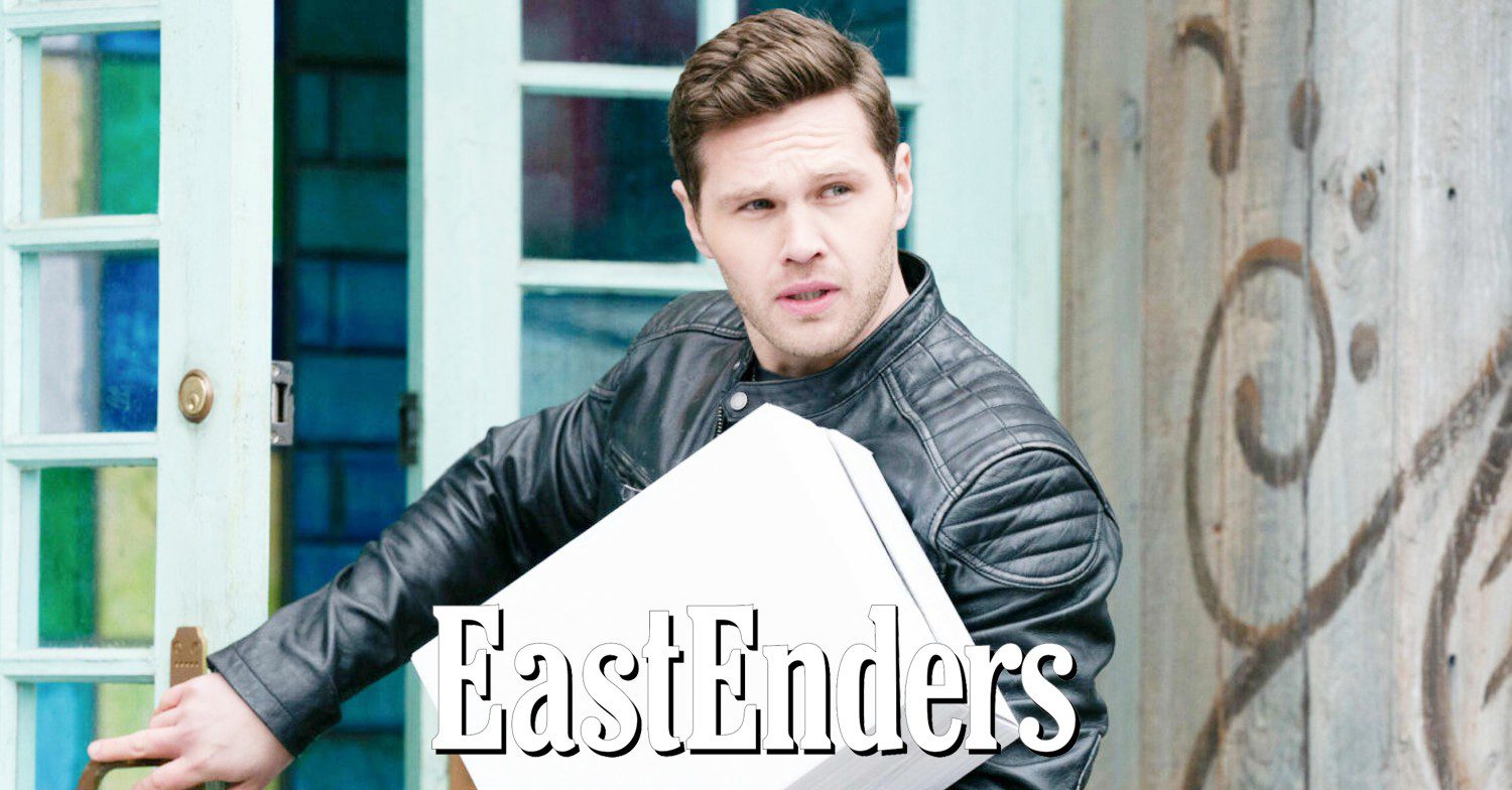 Keanu looking shifty while carrying a box on EastEnders (Credit: BBC/Composite: Entertainment Daily)