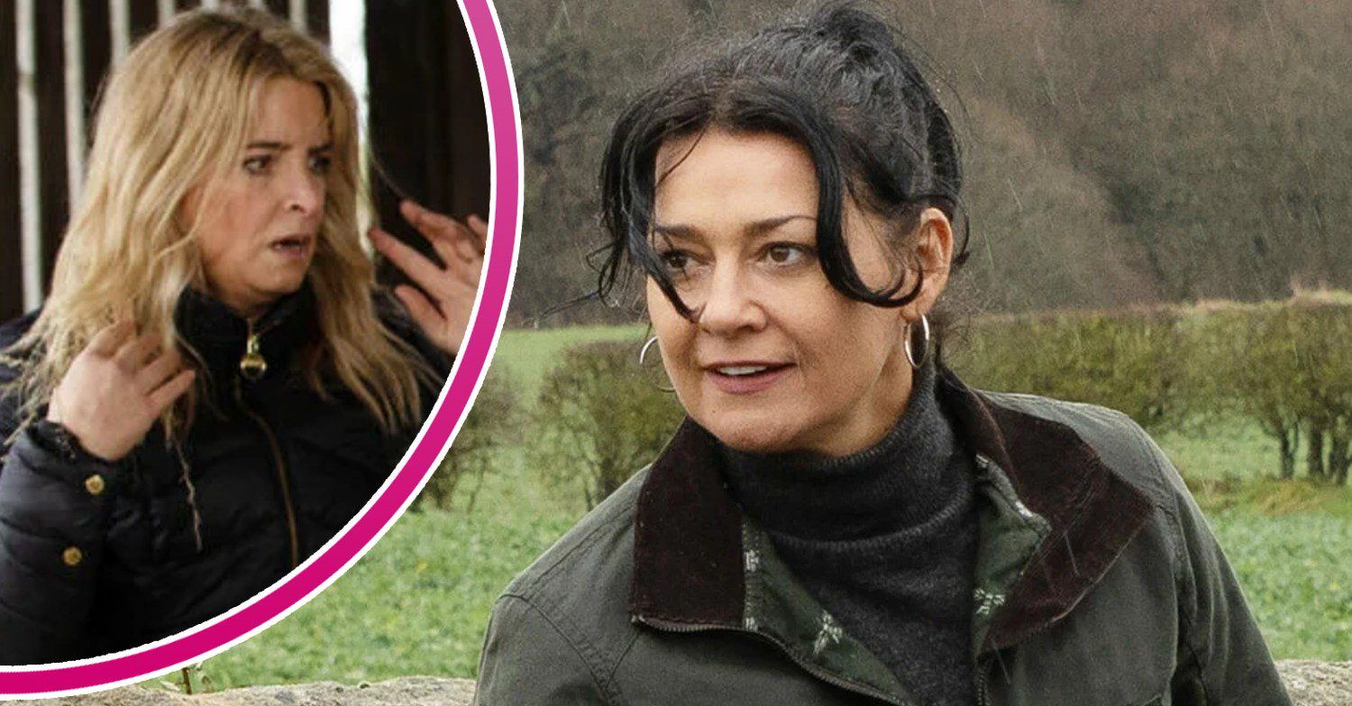 Moira looks angry on Emmerdale; inset, Charity looks horrified (Credit: ITV/Composite: ED!)