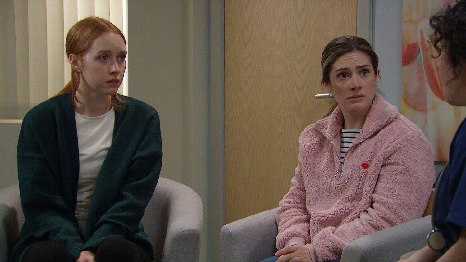 Chloe is drawn and anxious with Victoria looking worried at the hospital