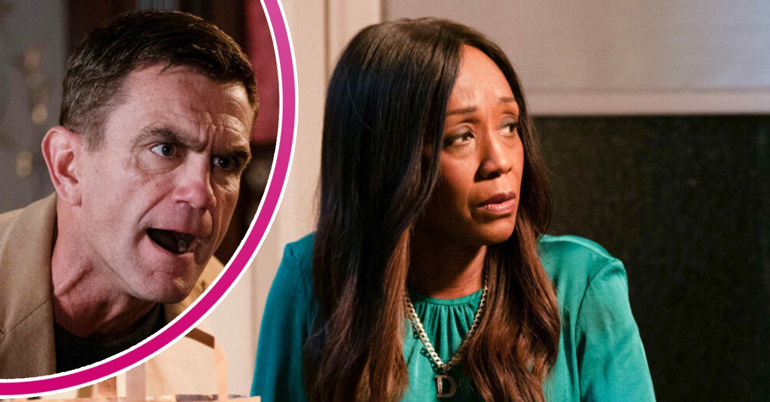 Denise looks worried on EastEnders; inset, Jack is screaming (Credit: BBC/Composite: Entertainment Daily)
