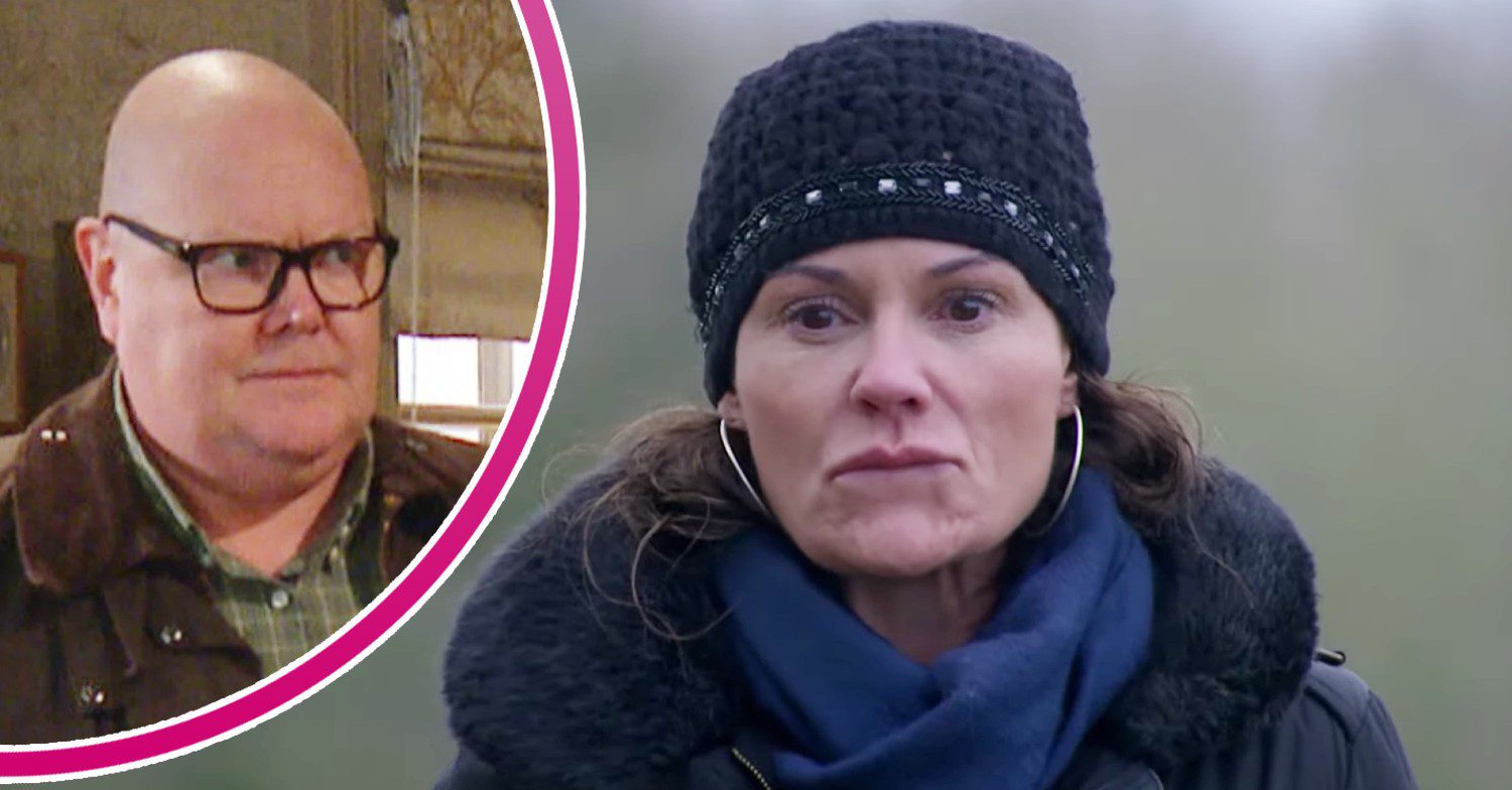 Chas looks unhappy on Emmerdale; inset, Paddy is thoughtful (Credit: ITV/Composite: Entertainment Daily!)