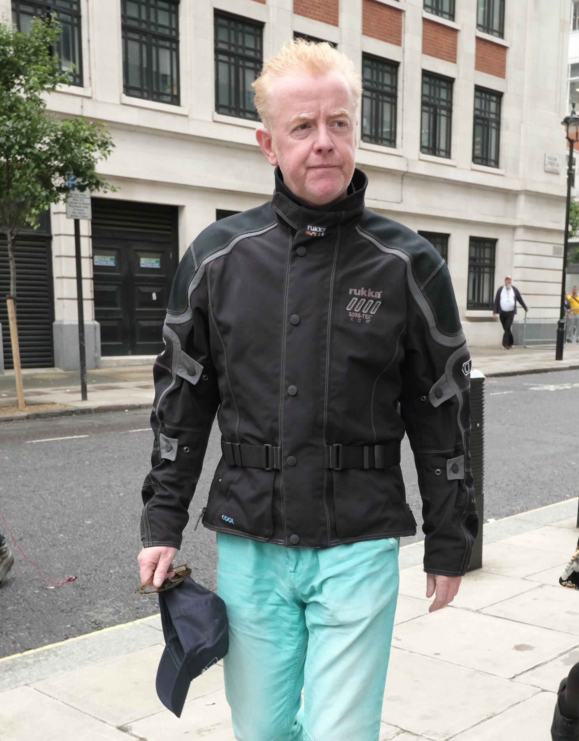 London Marathon runner Chris Evans wearing a motorcycle jacket