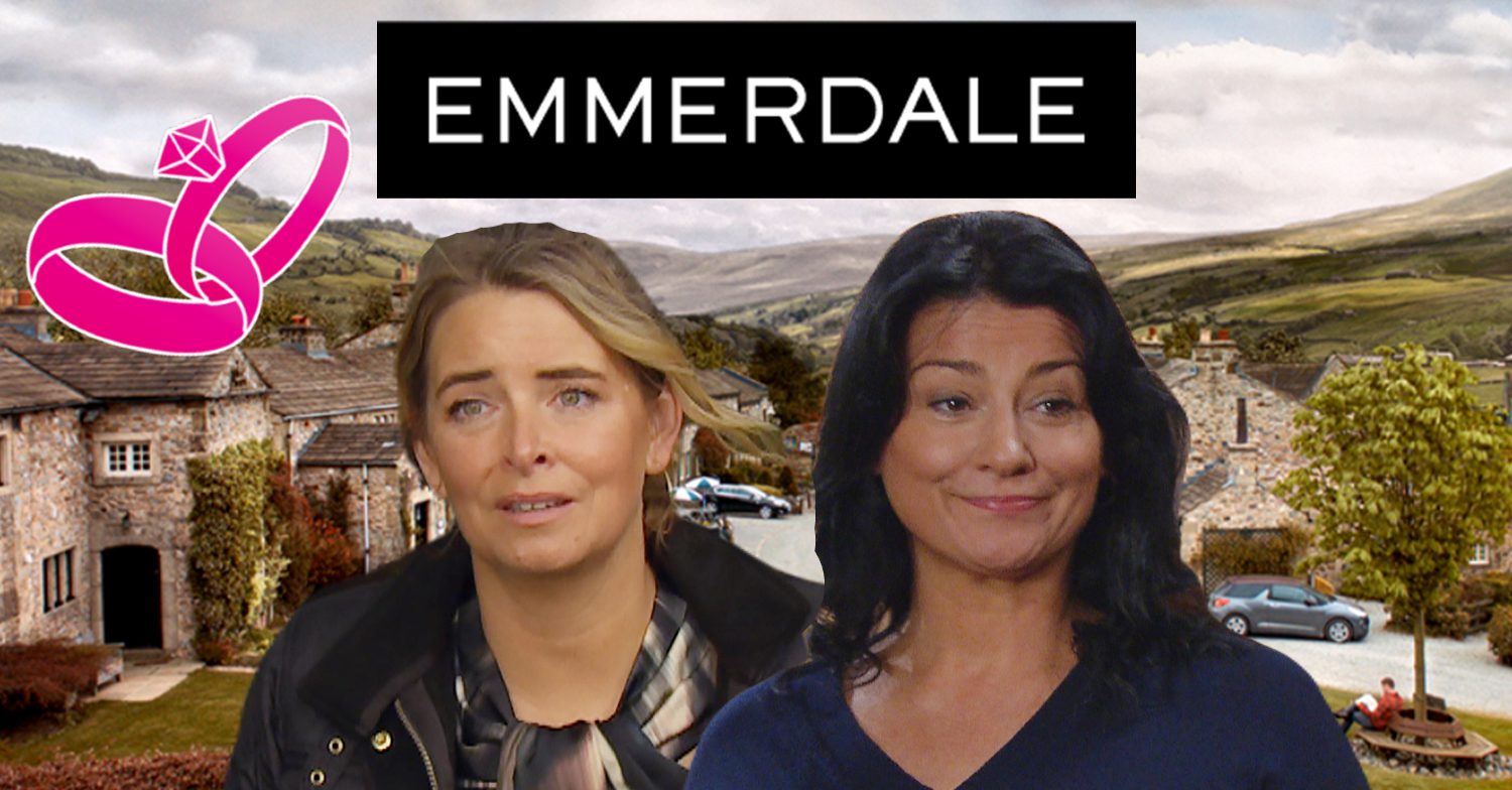 Emmerdale's Charity and Moira with the Emmerdale logo, background and wedding rings