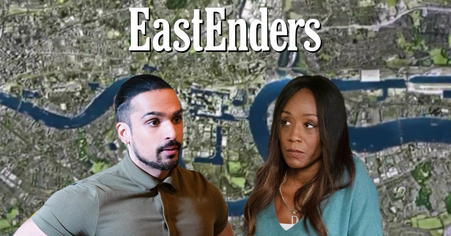 EastEnders' Denise and Ravi with the EastEnders background and logo