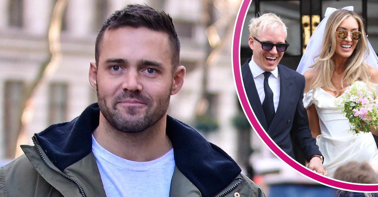 Spencer Matthews smiling, Jamie Laing and Sophie Habboo on wedding day