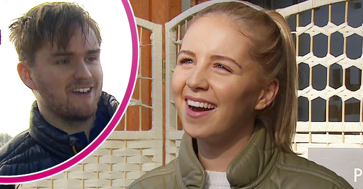 Emmerdale's Belle is smiling, and in a bubble, Tom King is smiling