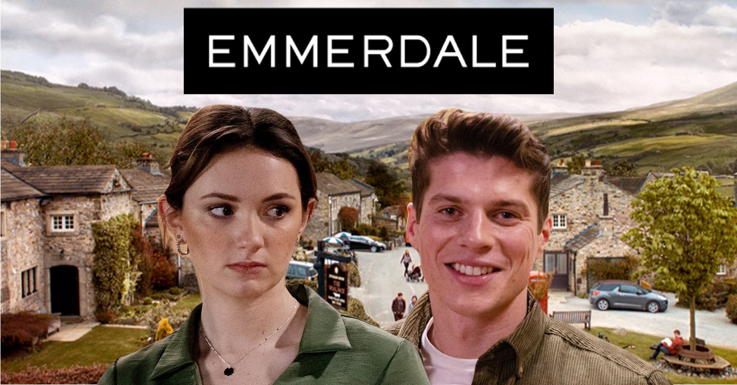 Emmerdale's Nicky and Gabby with the Emmerdale logo and background