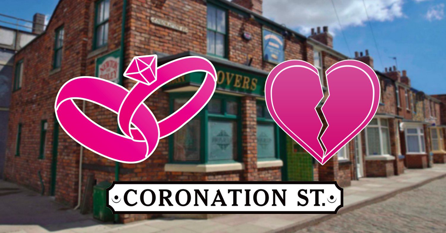 Coronation Street background and logo with wedding rings and a broken heart comp image