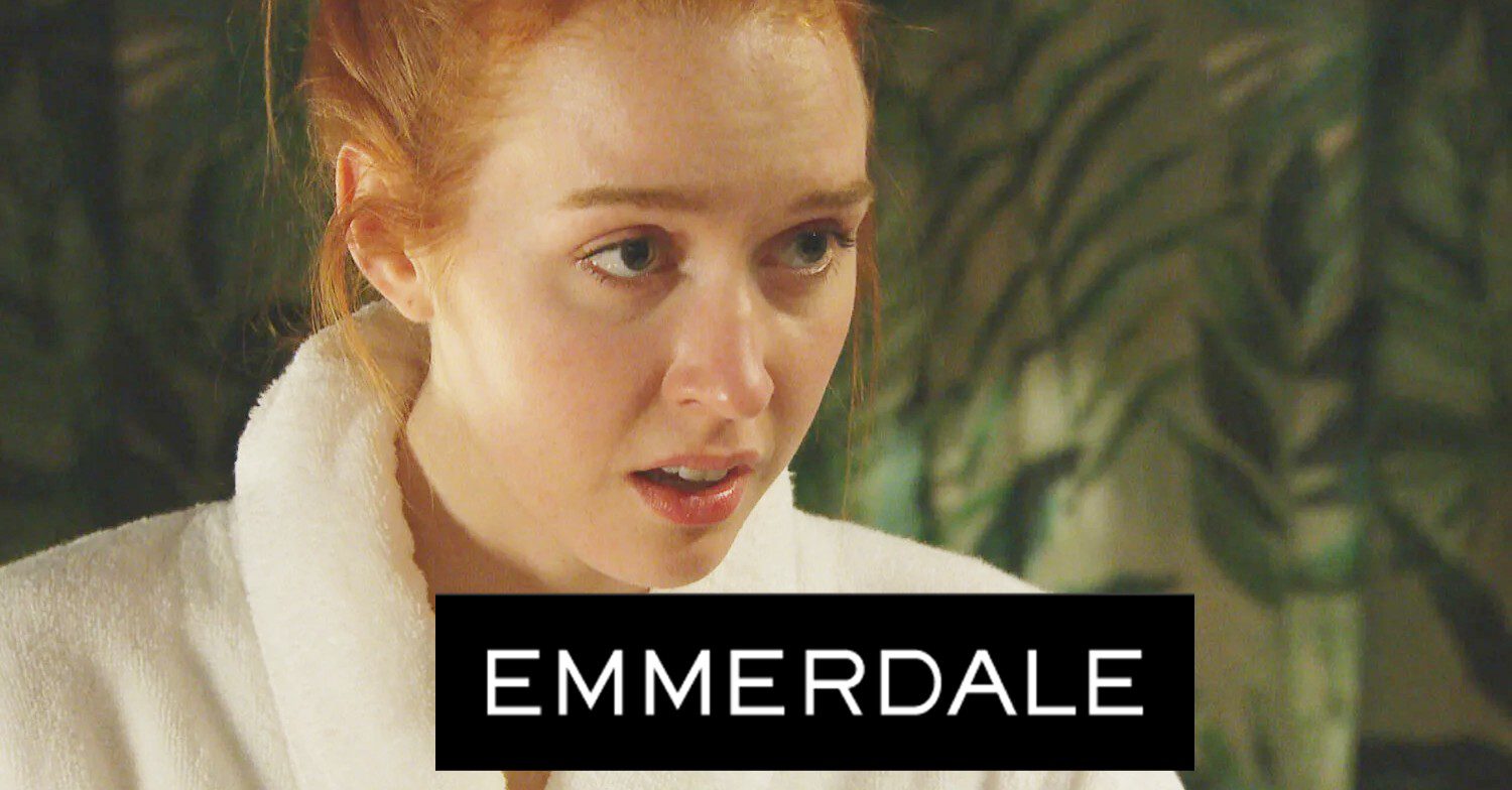 Chloe looks worried on Emmerdale; inset, the show logo (Credit: ITV/Composite: Entertainment Daily)
