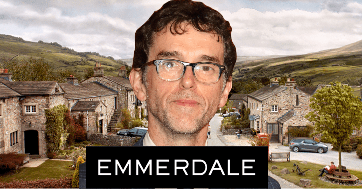 Emmerdale star Mark Charnock on the Emmerdale background with show logo comp image