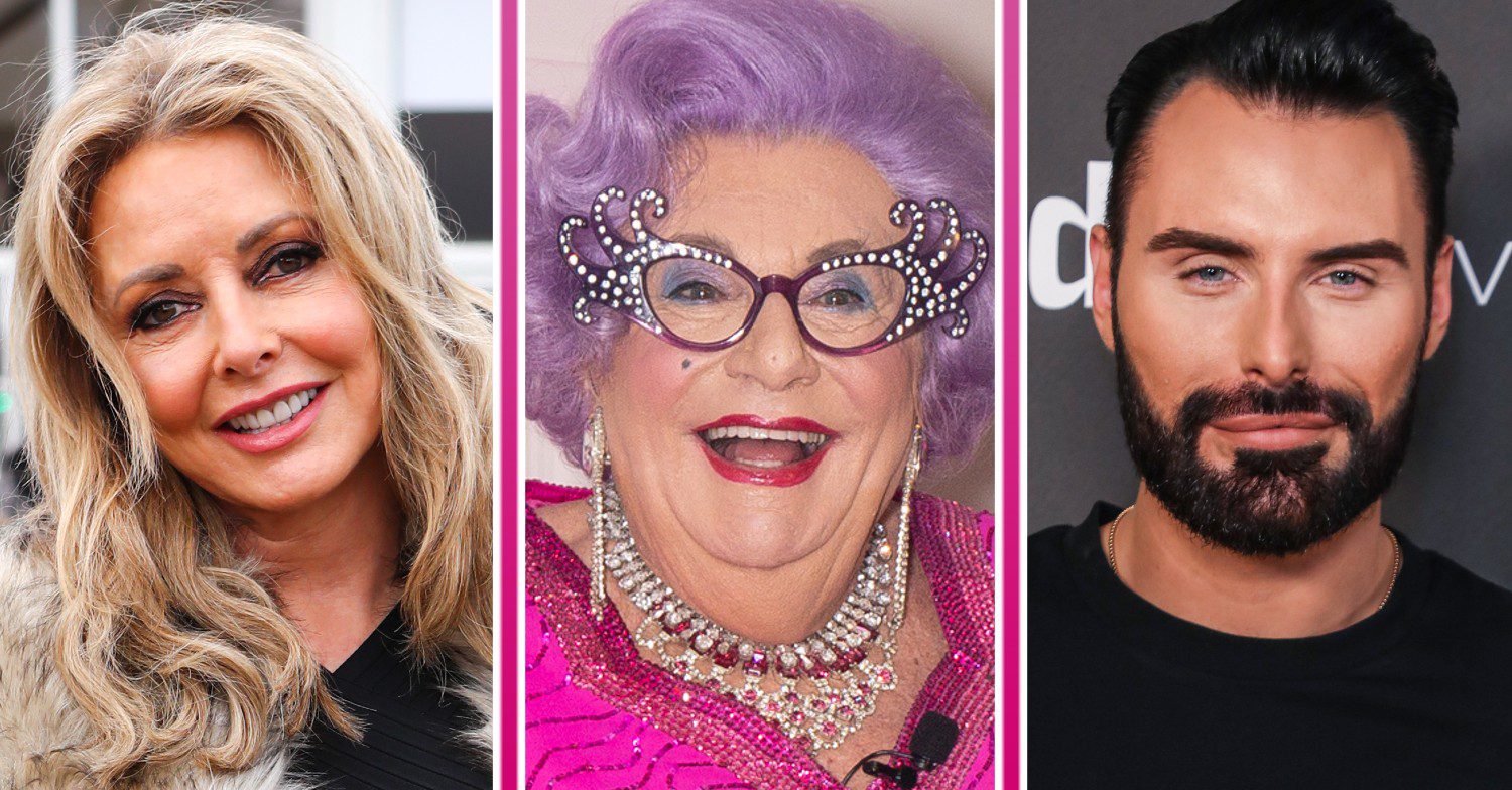 Carol Vorderman with Dame Edna star Barry Humphries and Rylan Clark