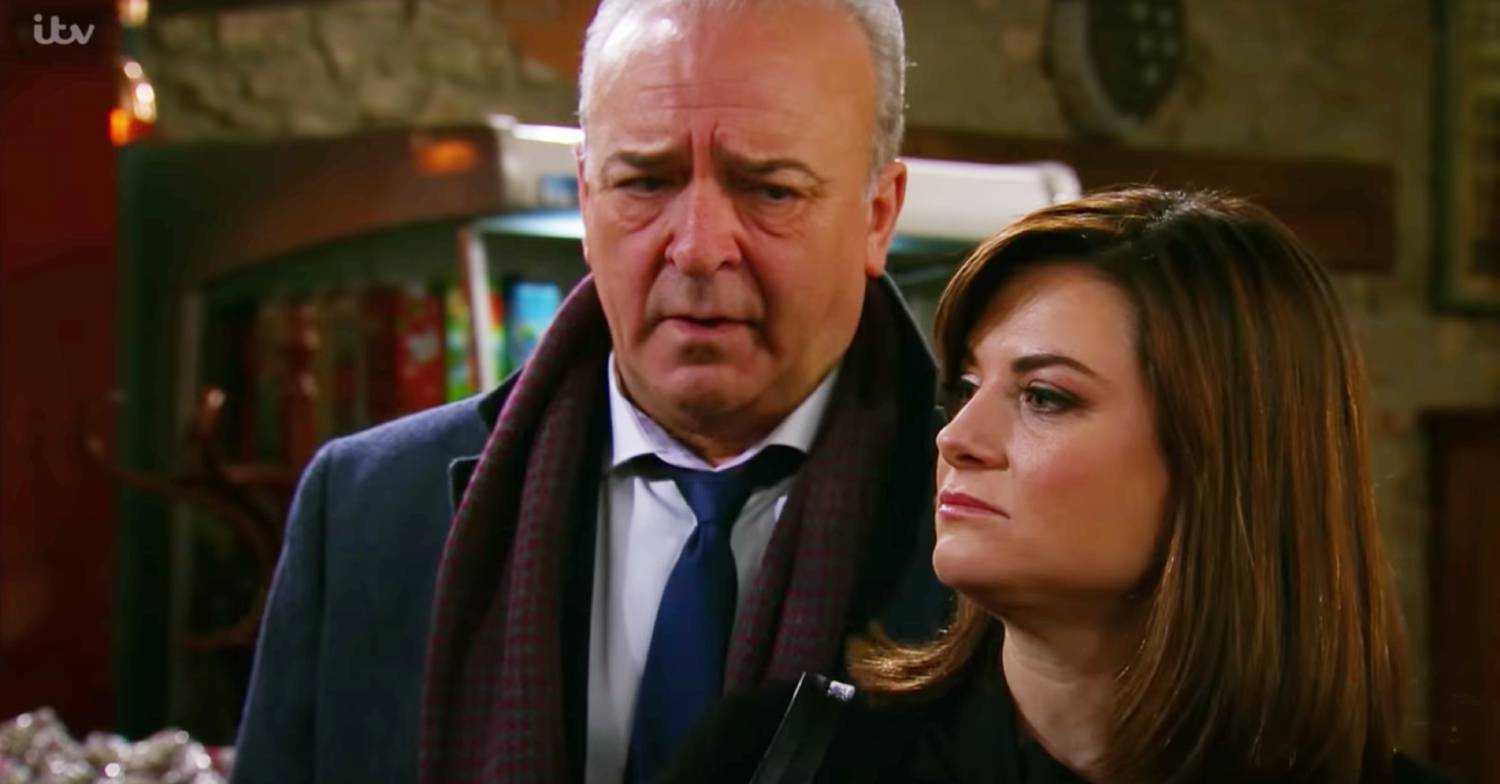 Louise Marwood looks defiant in a scene from Emmerdale