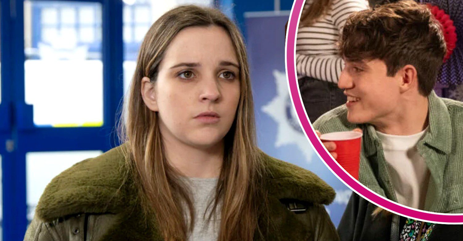 Amy looks upset and angry on Coronation Street; inset, Aaron smiling without a care in the world (Credit: ITV/Composite: Entertainment Daily)