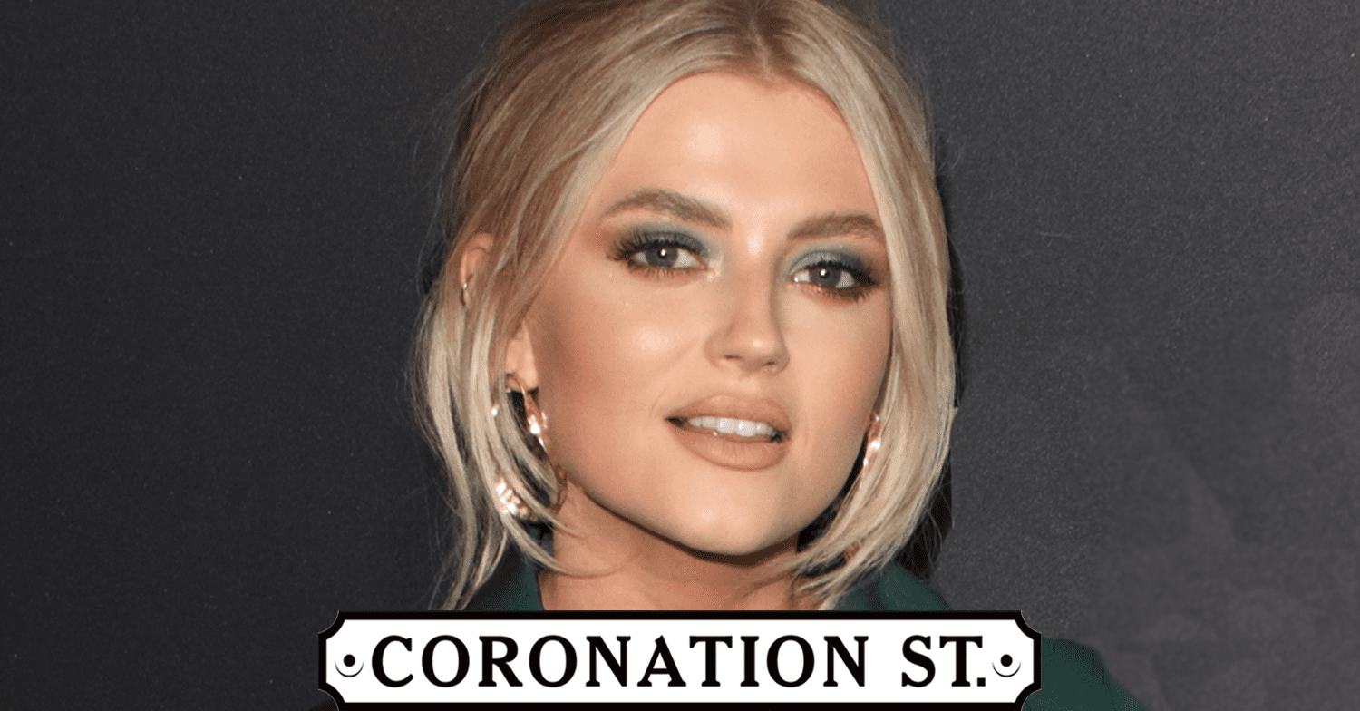 Lucy Fallon on the red carpet with the Corrie logo