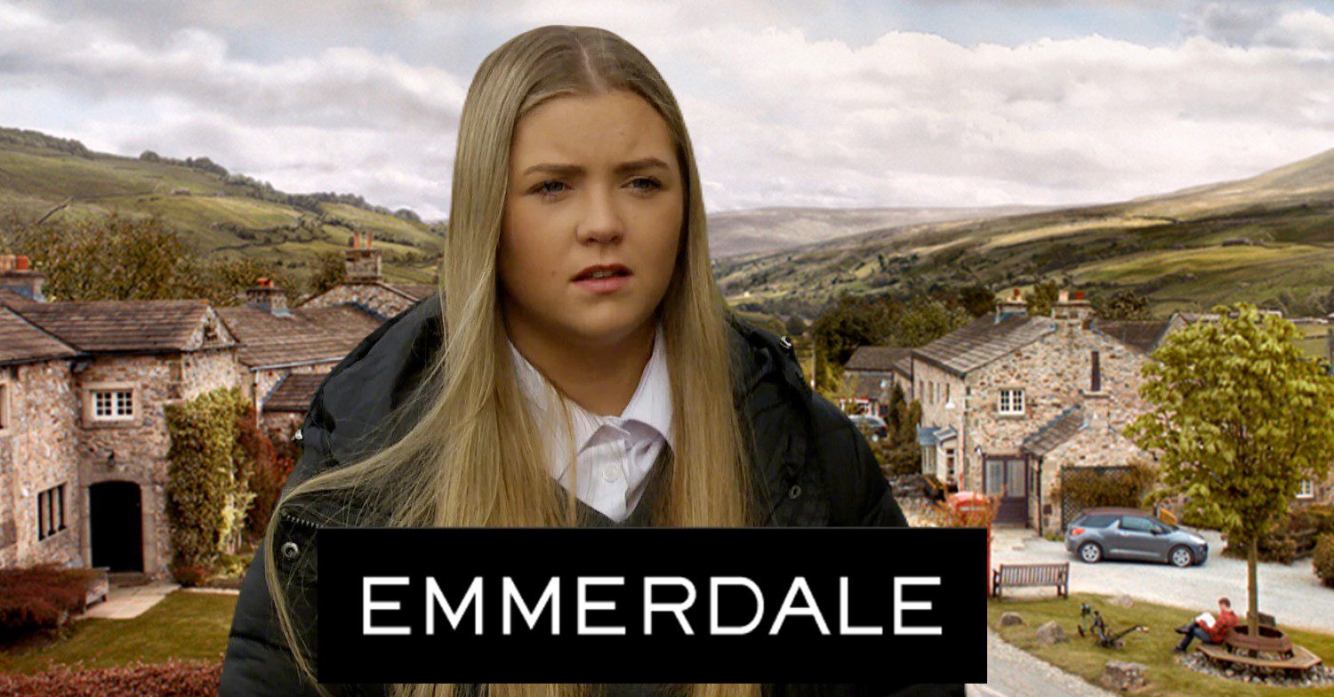 Emmerdale's Cathy Hope on the show background with the logo comp image