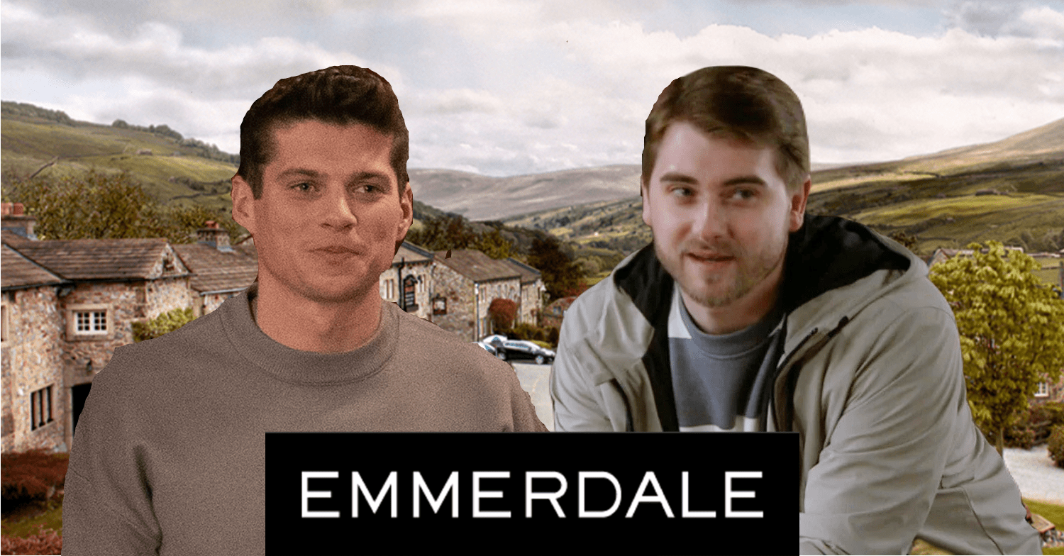 Emmerdale's Nicky and Ally are with the Emmerdale background and logo