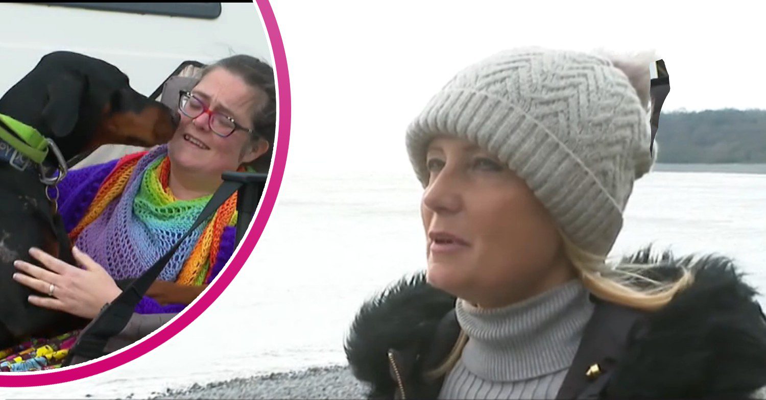 Indie the dog sniffing Katie / Lucy Humphreys wearing a beanie