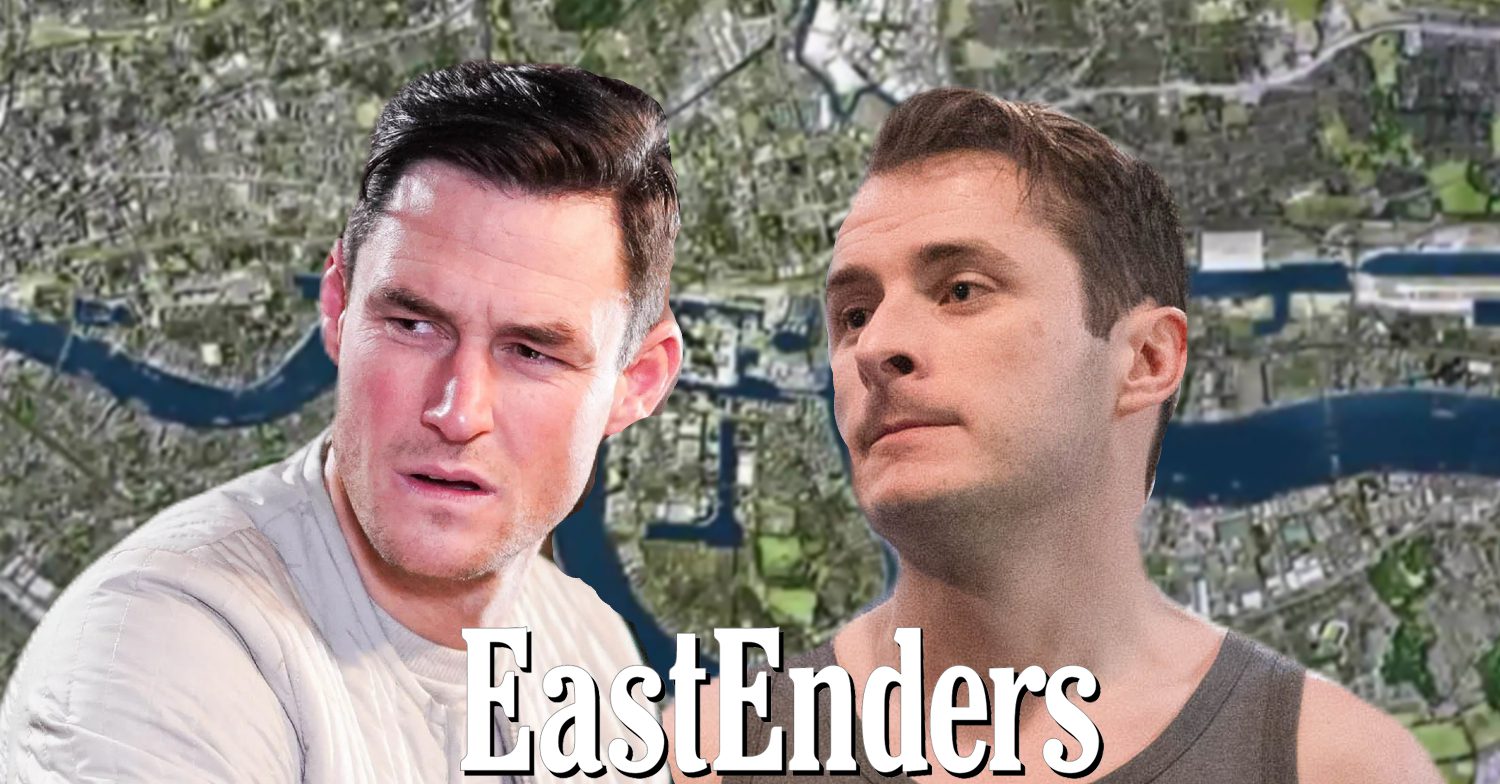 EastEnders' Zack and Ben with the EastEnders background and logo