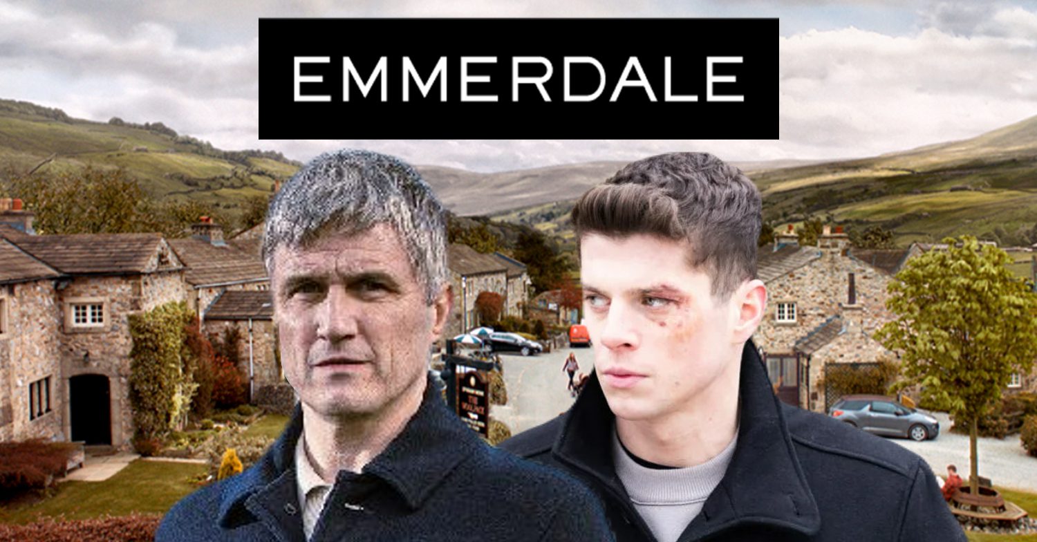 Emmerdale's Caleb and Nicky with the Emmerdale background and logo