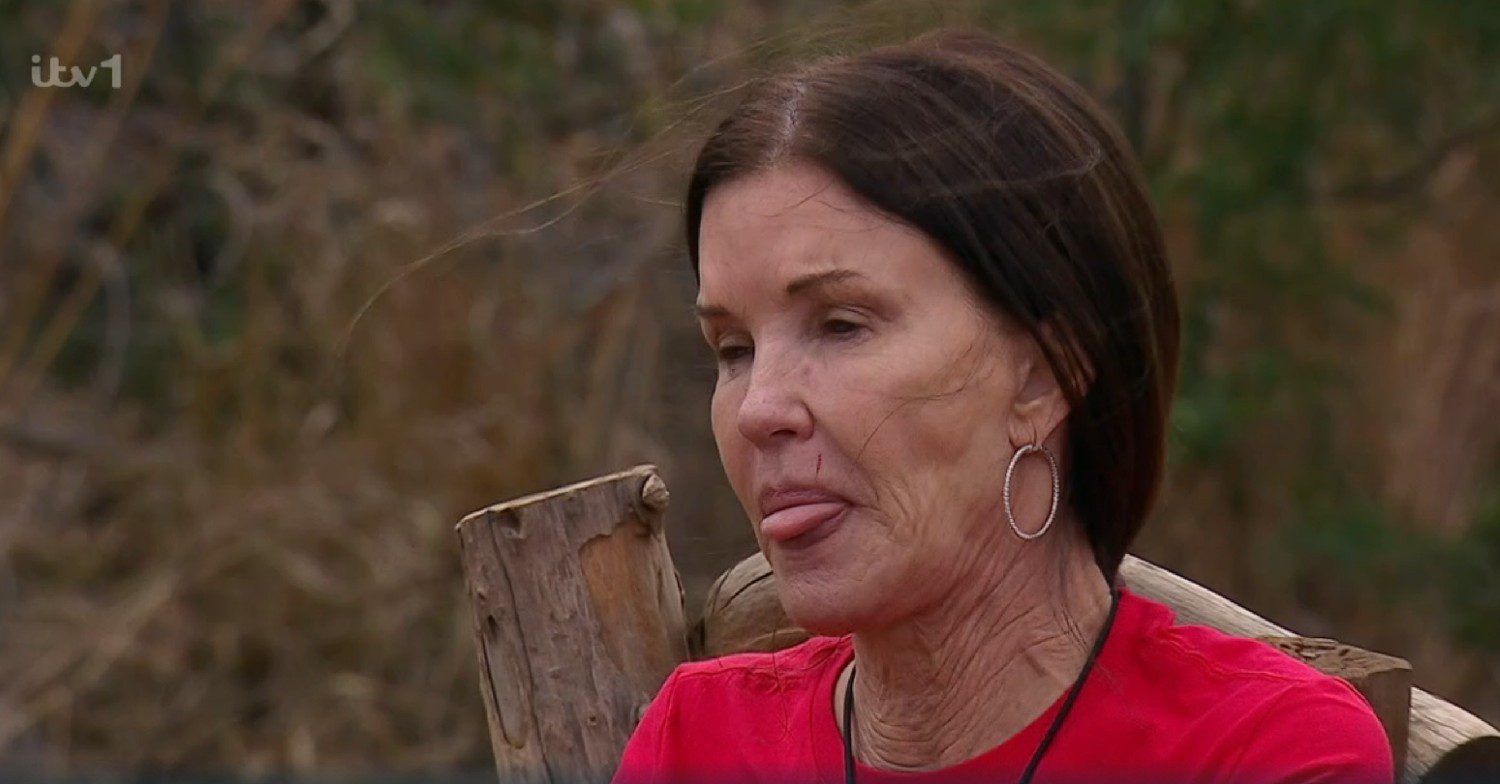 Janice Dickinson sticking her tongue out on I'm A Celebrity South Africa 