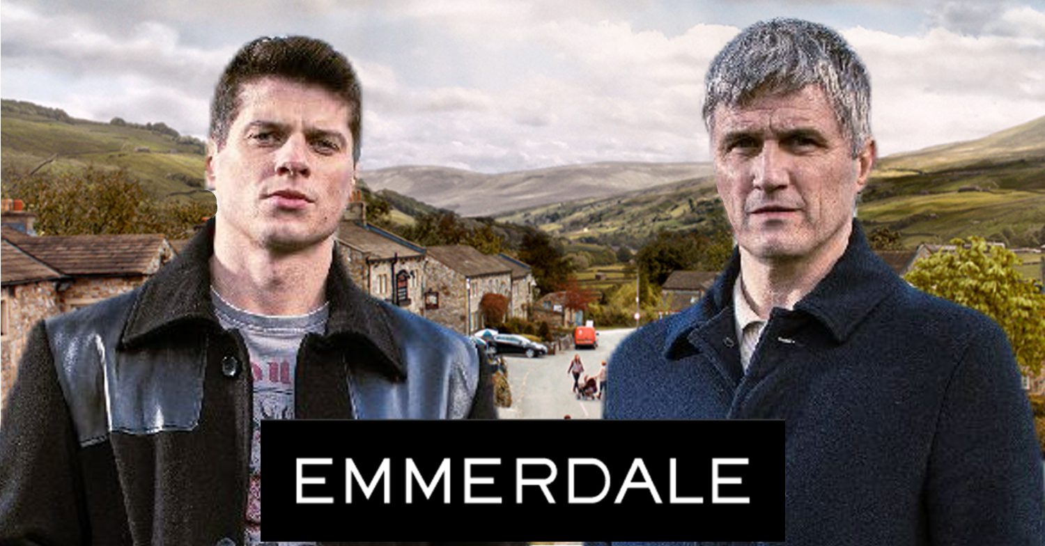 Emmerdale's Nicky and Caleb are with the Emmerdale background and logo