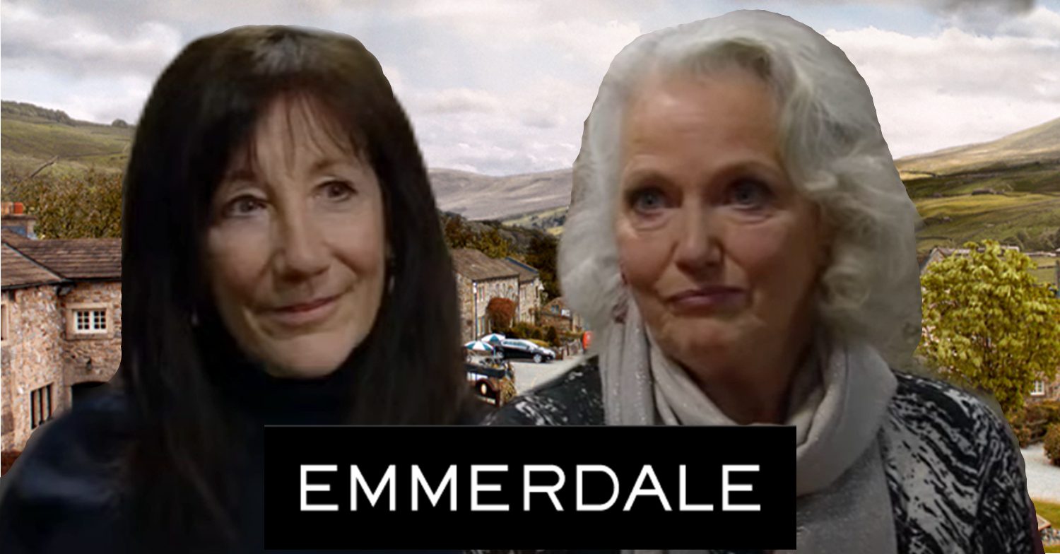 Emmerdale's Mary and Faye are with the Emmerdale logo and background of the Dales