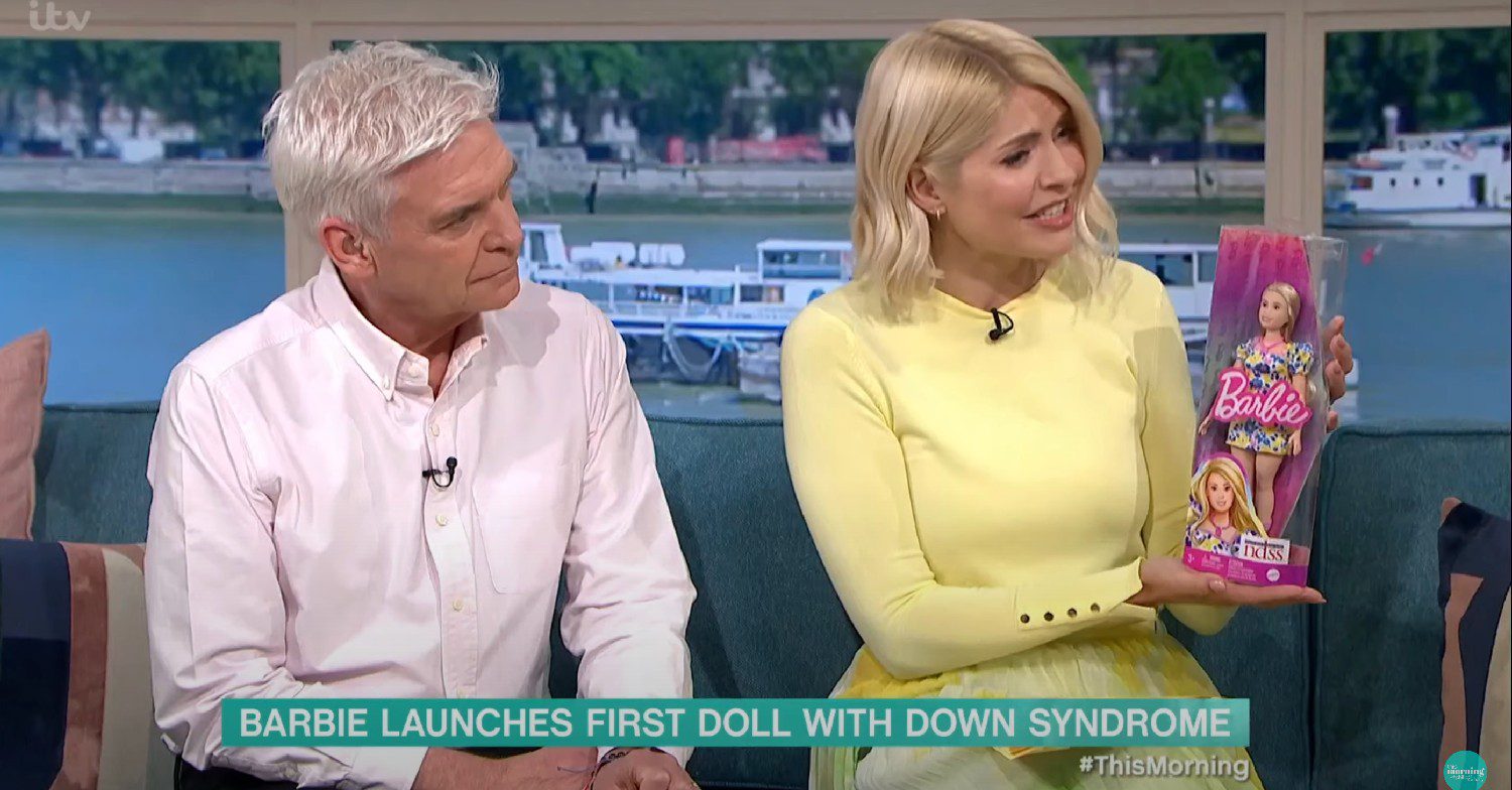Phillip Schofield and Holly Willoughby holding a Barbie doll on This Morning today
