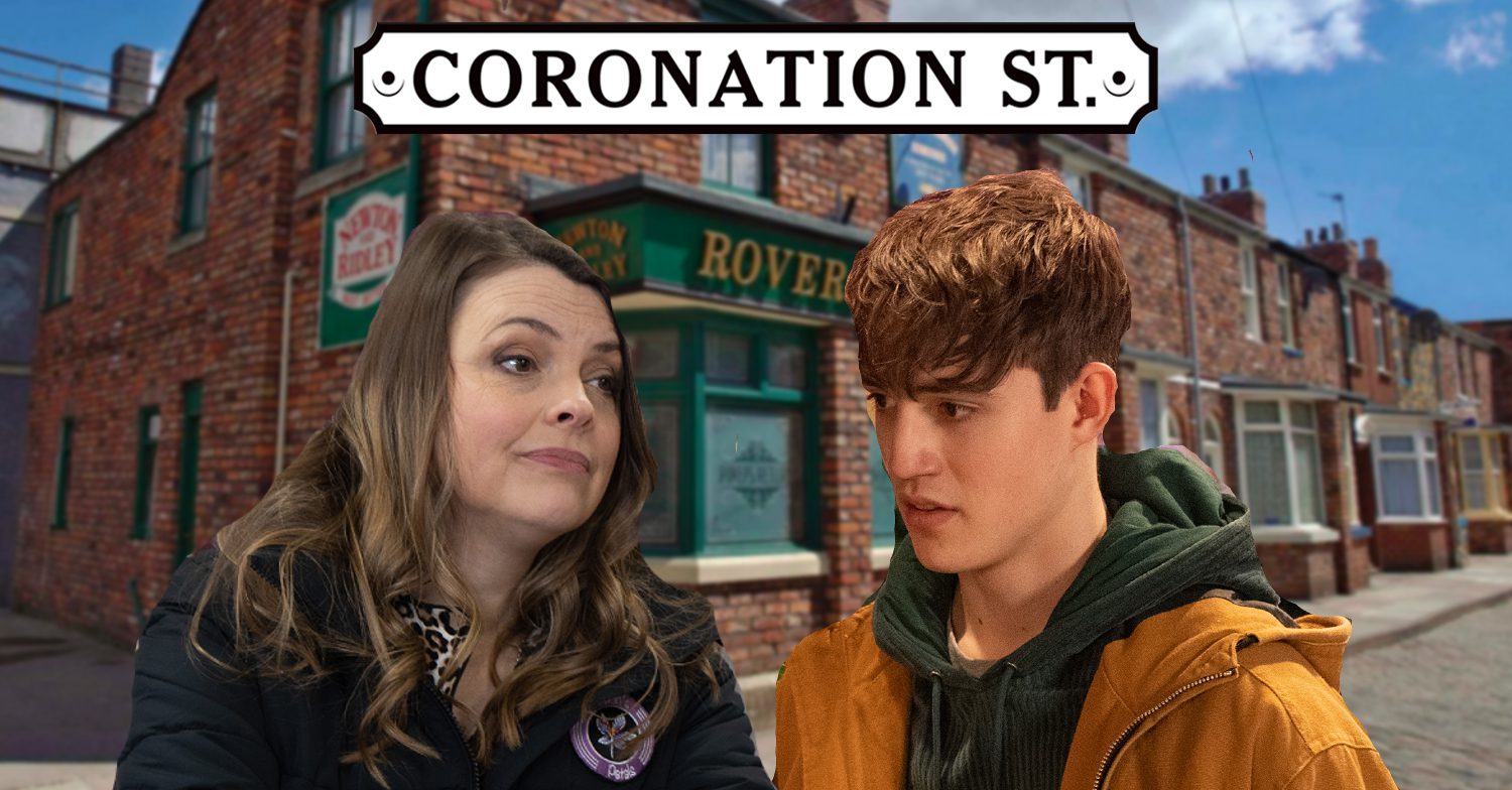Coronation Street's Tracy, Aaron the Coronation Street logo and background of the Rovers