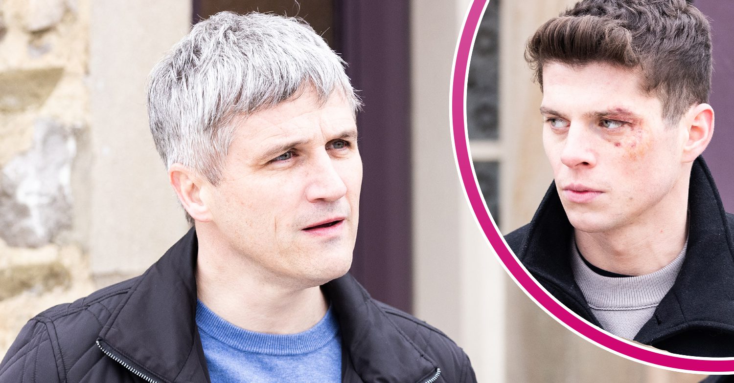 Emmerdale's Caleb looks confrontational and, in a bubble, Nicky looks angry