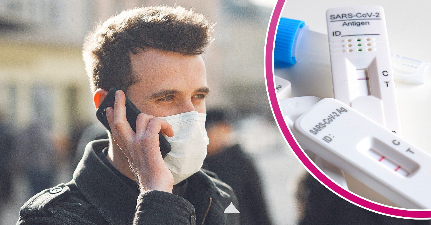 Man with a face mask on speaking on the phone / Covid tests