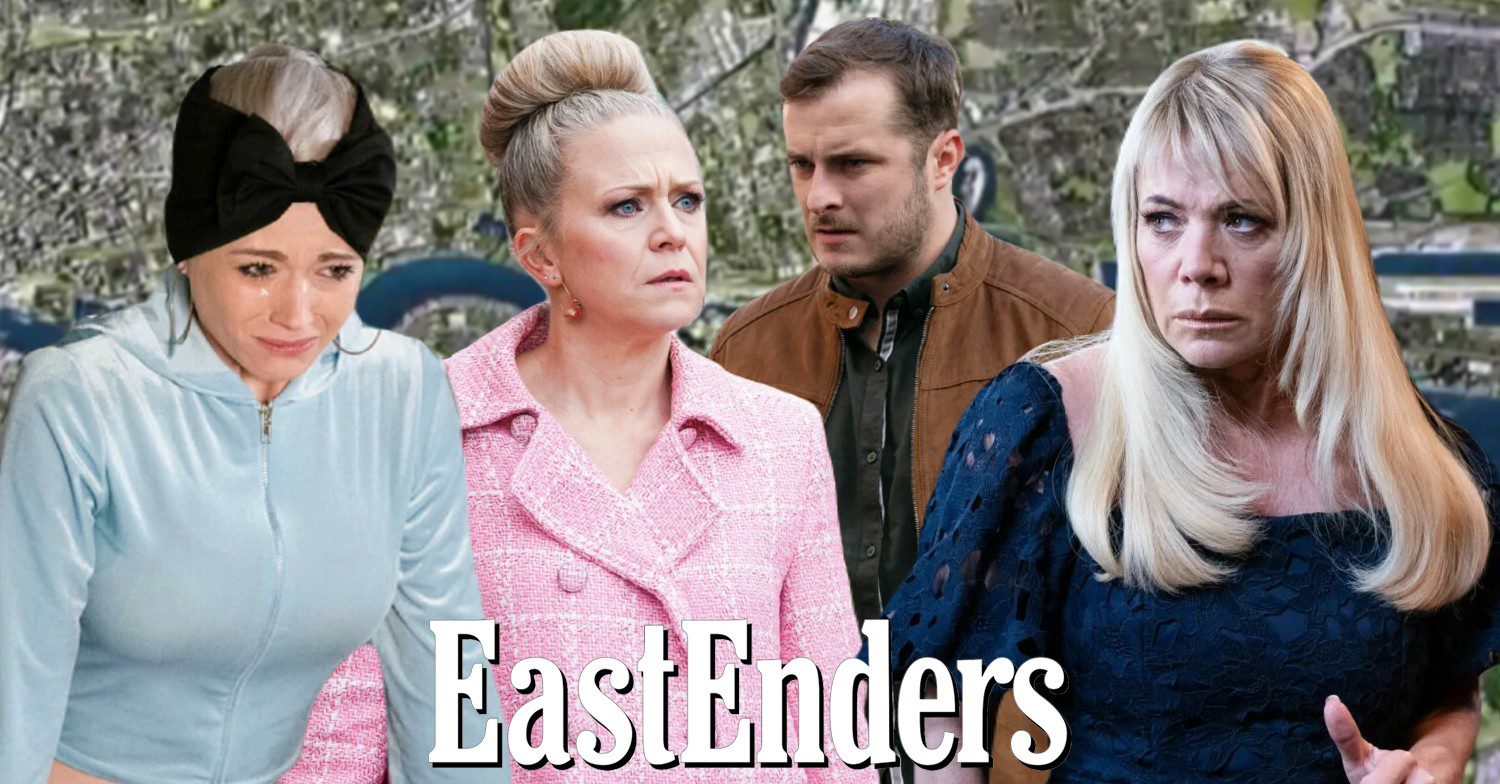 EastEnders summer spoilers comp image: Lola, Linda, Ben and Sharon on EastEnders background with logo