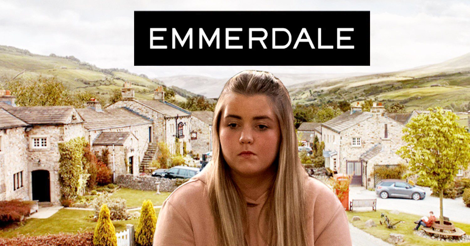 Cathy looking upset on Emmerdale; in the background, show logo and village (Credit: ITV/Composite: Entertainment Daily)