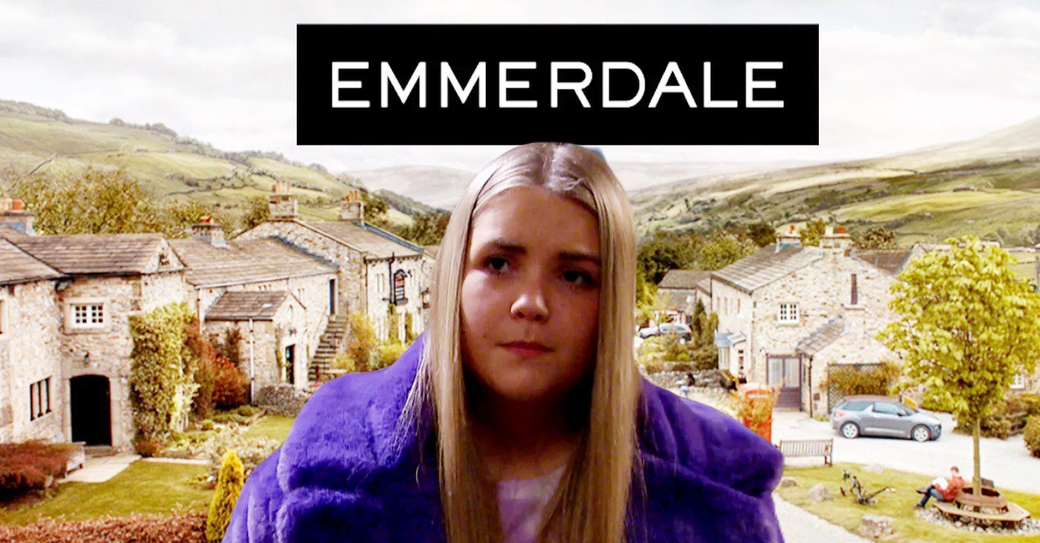 Cathy looking worried on Emmerdale, composited against village and show logo (Credit: ITV/Composite: ED!)