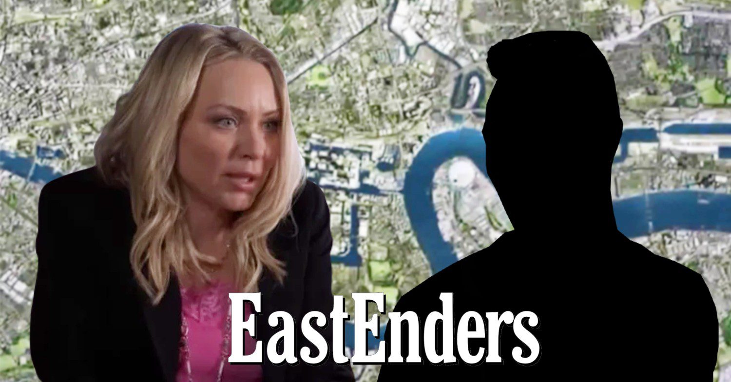 Composite image of Roxy Mitchell on EastEnders with male silhouette, logo and background (Credit: BBC/YouTube/Composite: Entertainment Daily!)