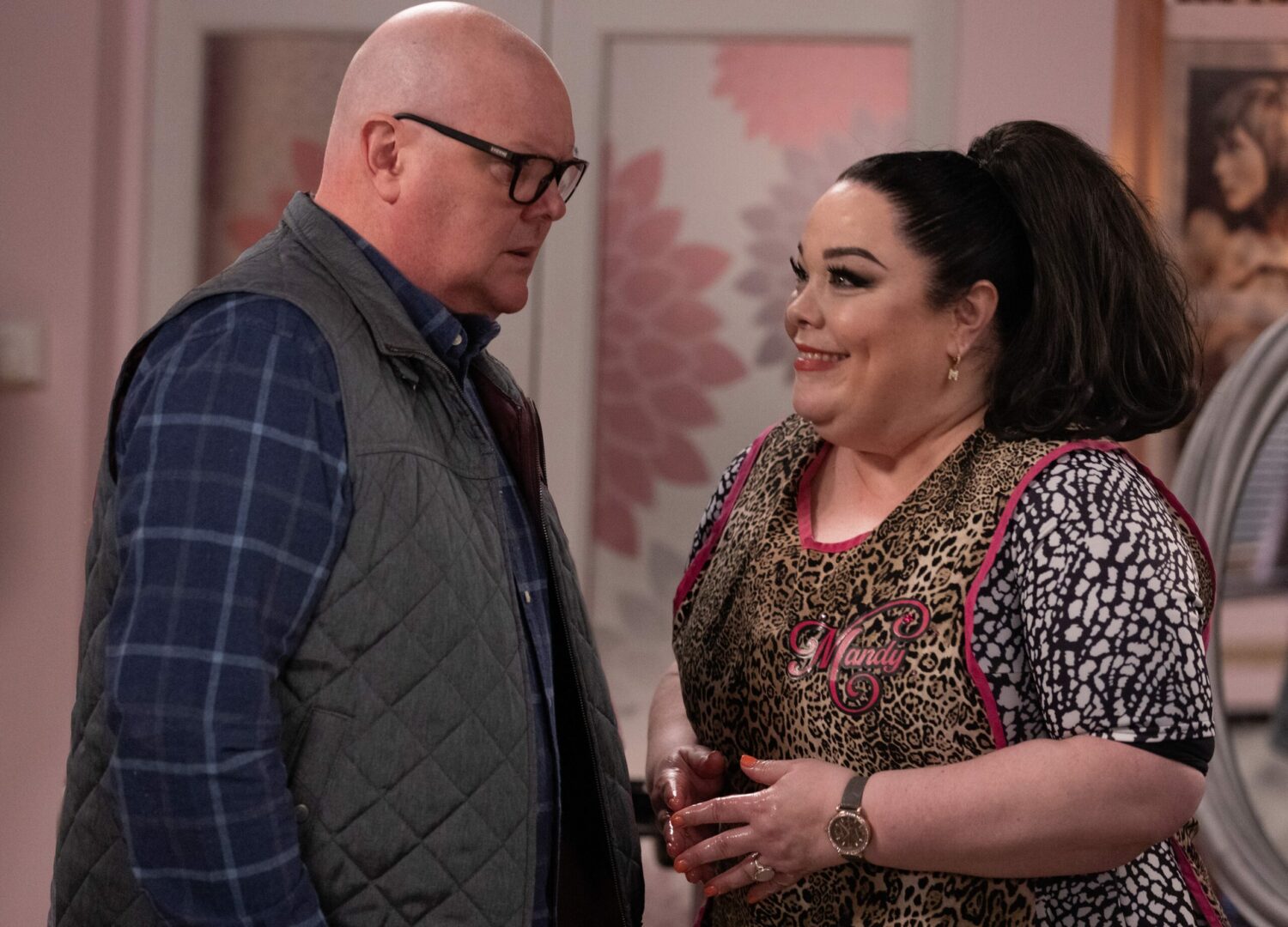 Paddy Kirk looks uncomfortable as Mandy Dingle smiles enthusiastically at him