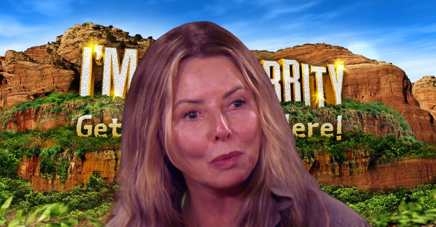 Carol Vorderman speaking with I'm A Celebrity South Africa logo in background