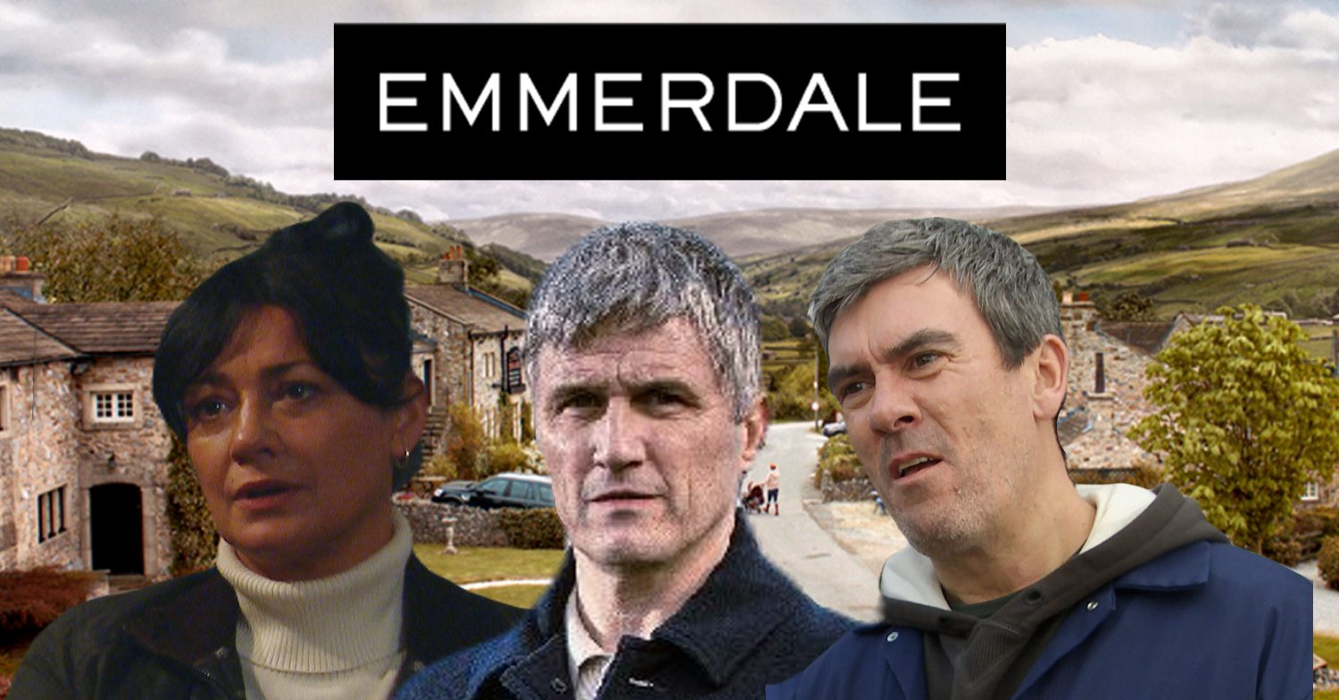 Emmerdale's Cain, Caleb and Moira, the Emmerdale logo and background of the Dales