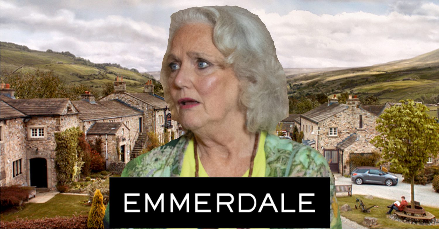 Emmerdale's Mary looks concerned with the Emmerdale logo and background of the Dales