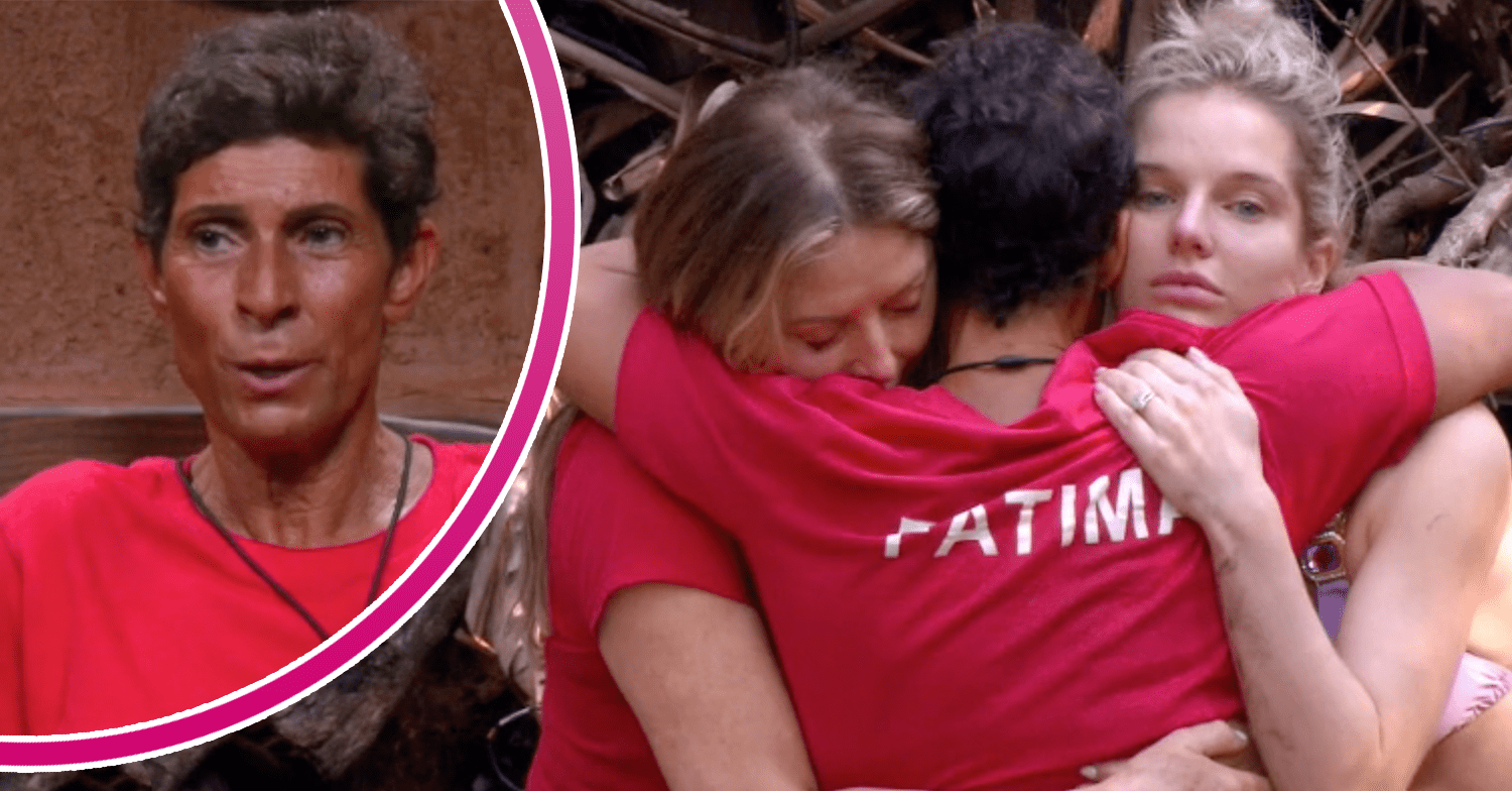 Fatima, Carol and Helen cuddling and Fatima looking upset on I'm A Celebrity