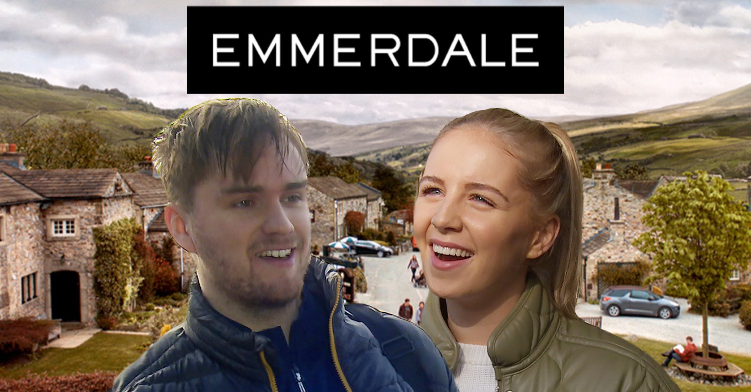 Emmerdale's Tom, Belle, the Emmerdale logo and the background of the Dales